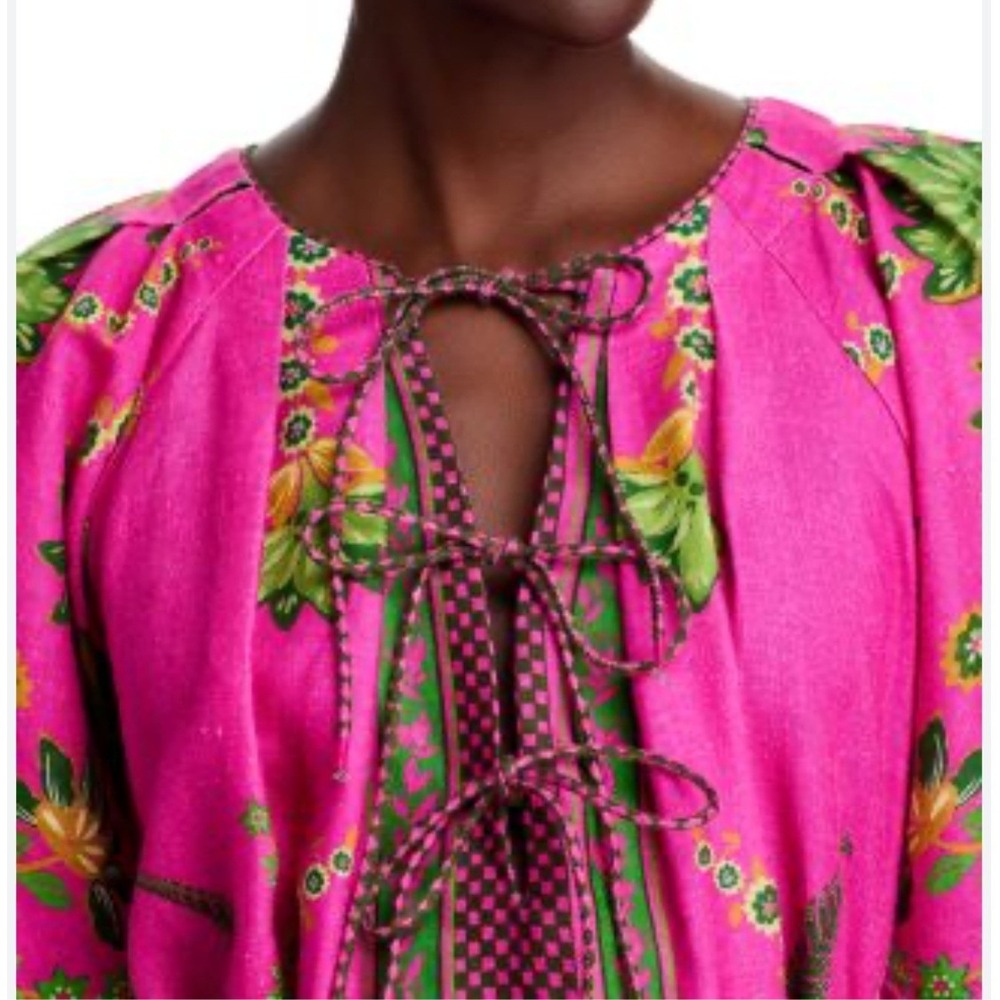 Farm Rio NWT SZ Sm Ana Tie Front Pink Floral Linen Blend Kaftan Midi Dress - Picture 7 of 16